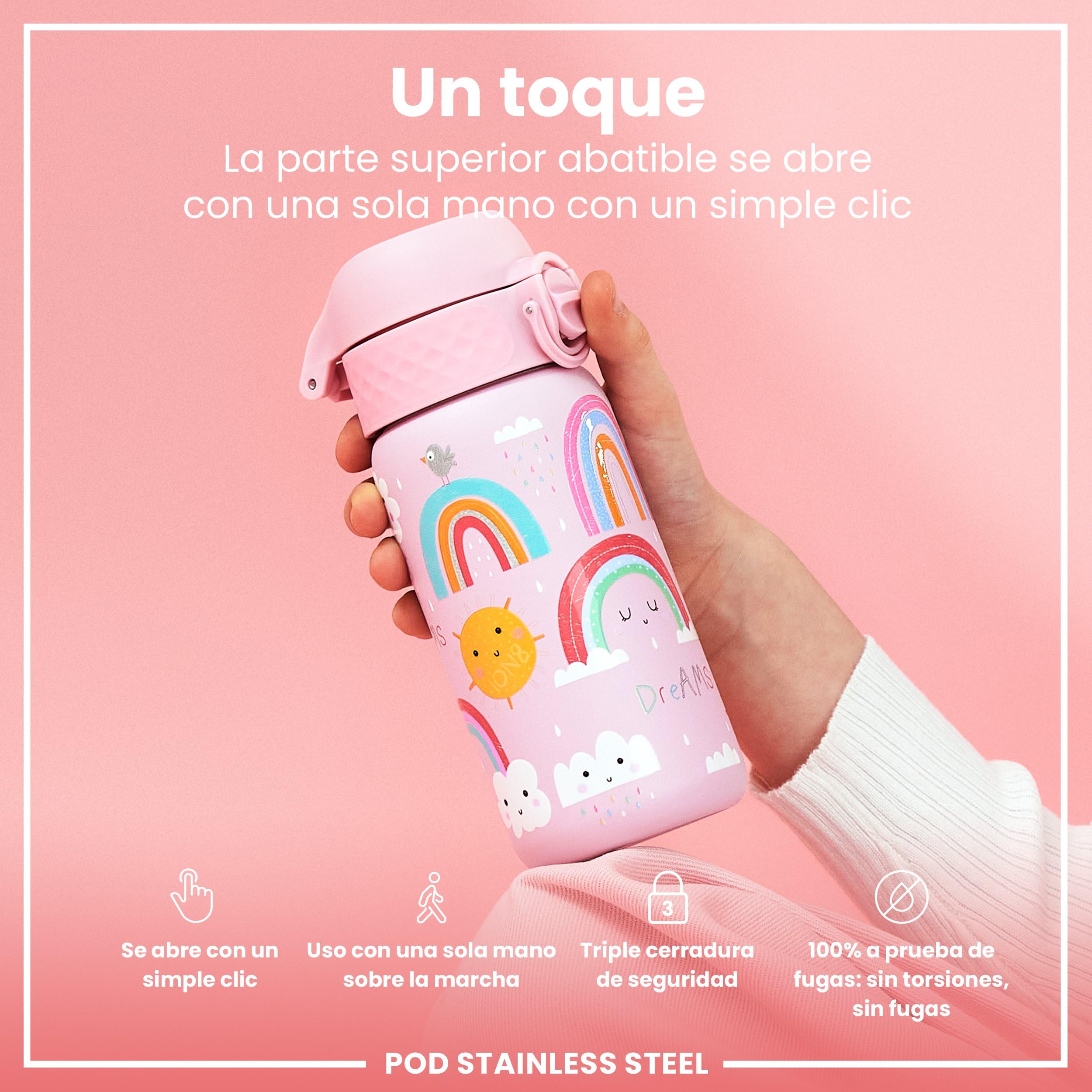 ion8 Botella Agua Inox Ligero para Niños, 400ml, Sin Aislamiento, a Prueba de Fugas, Fácil de Abrir, Cerradura Segura, Apta para Lavavajillas, Tapa Abatible, Fácil de Limpiar, Arcoíris