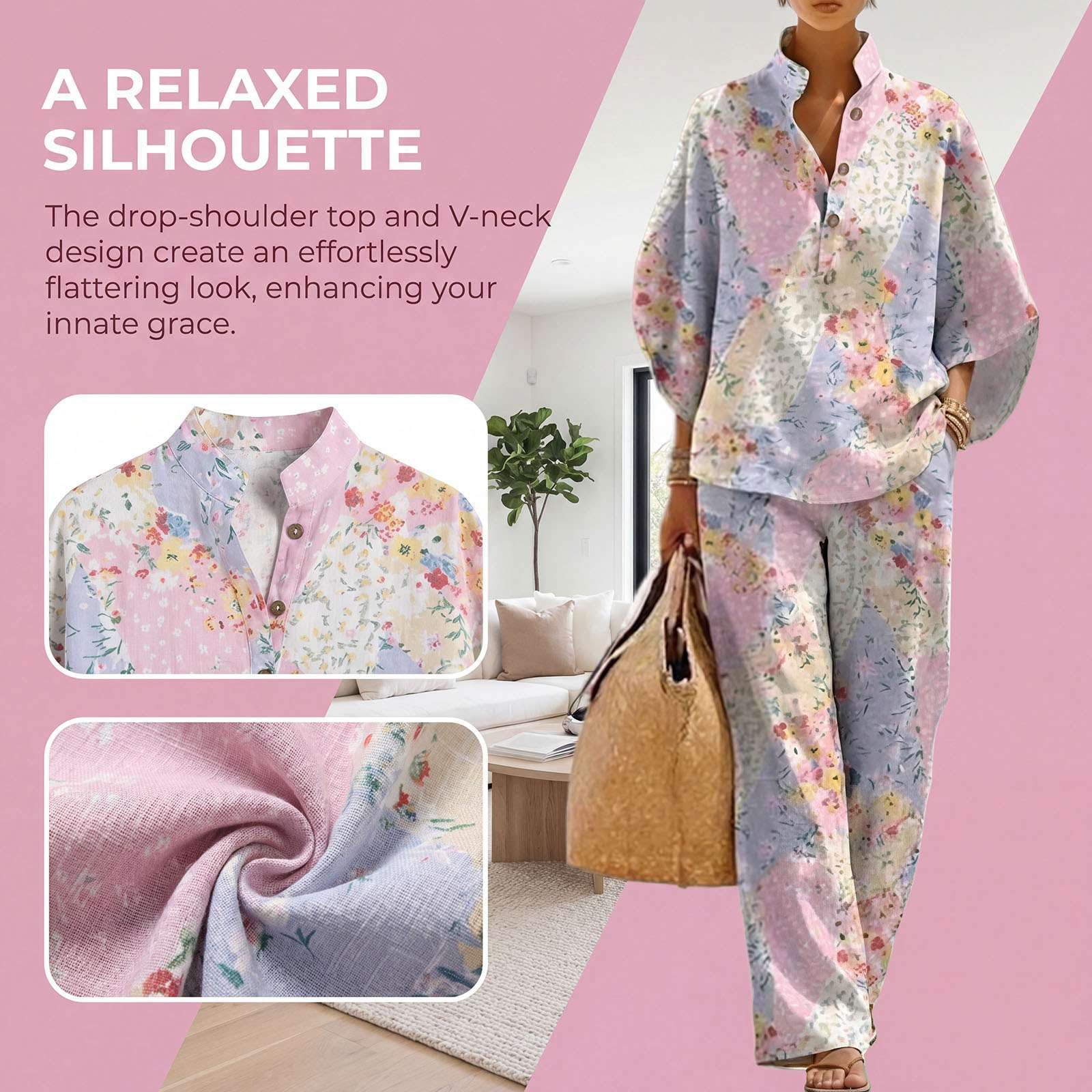 Générique Ensemble Femme Été 2 Pièces Lin Coton Imprimé Floral Chic Boho Tailleur Pantalon Jambe Large Tunique Manches Longues Décontracté Élégant Vacances Plage Jumpsuit Fluide Léger