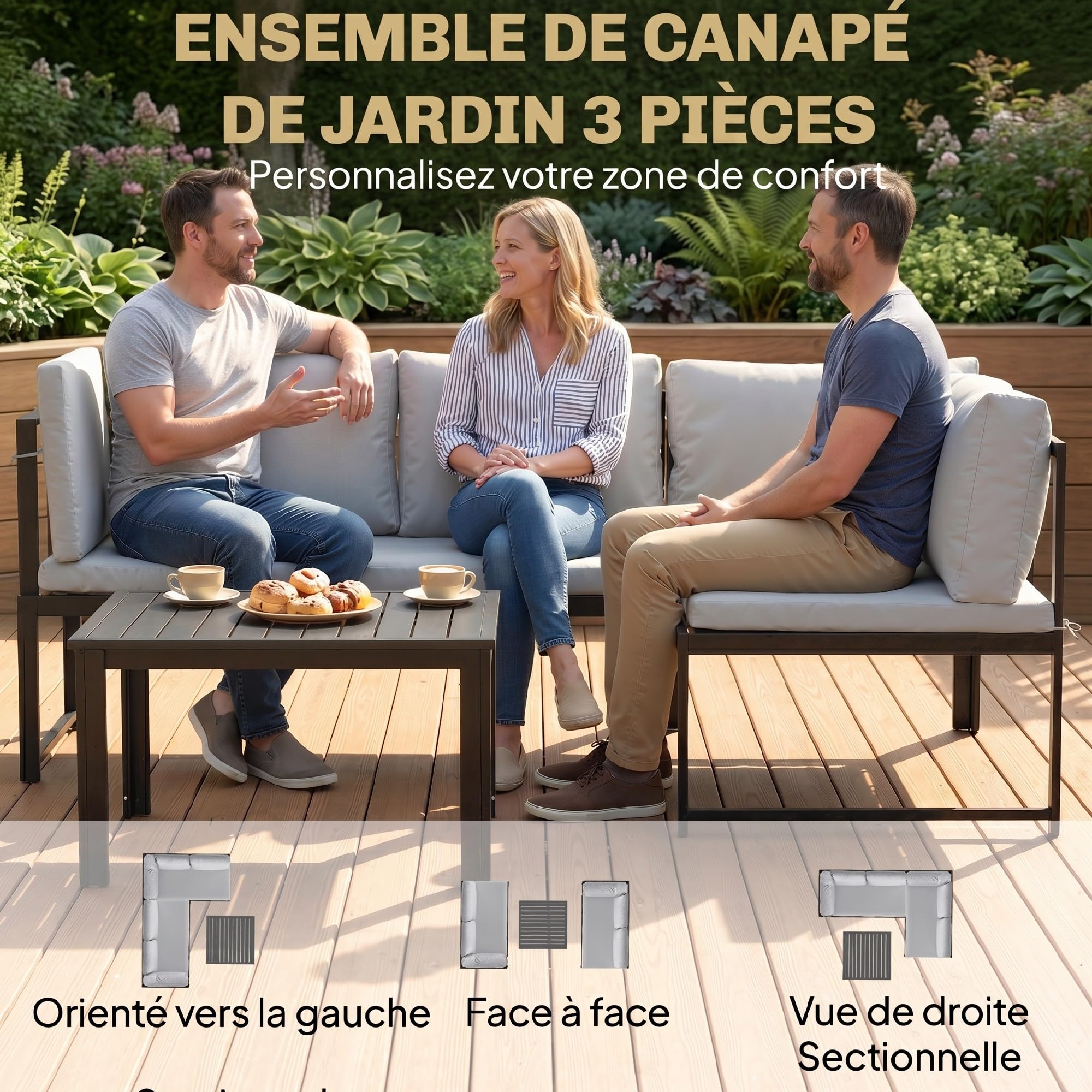 Outsunny Salon de Jardin 3 Pièces Canapé d'angle Extérieur Modulable Gris
