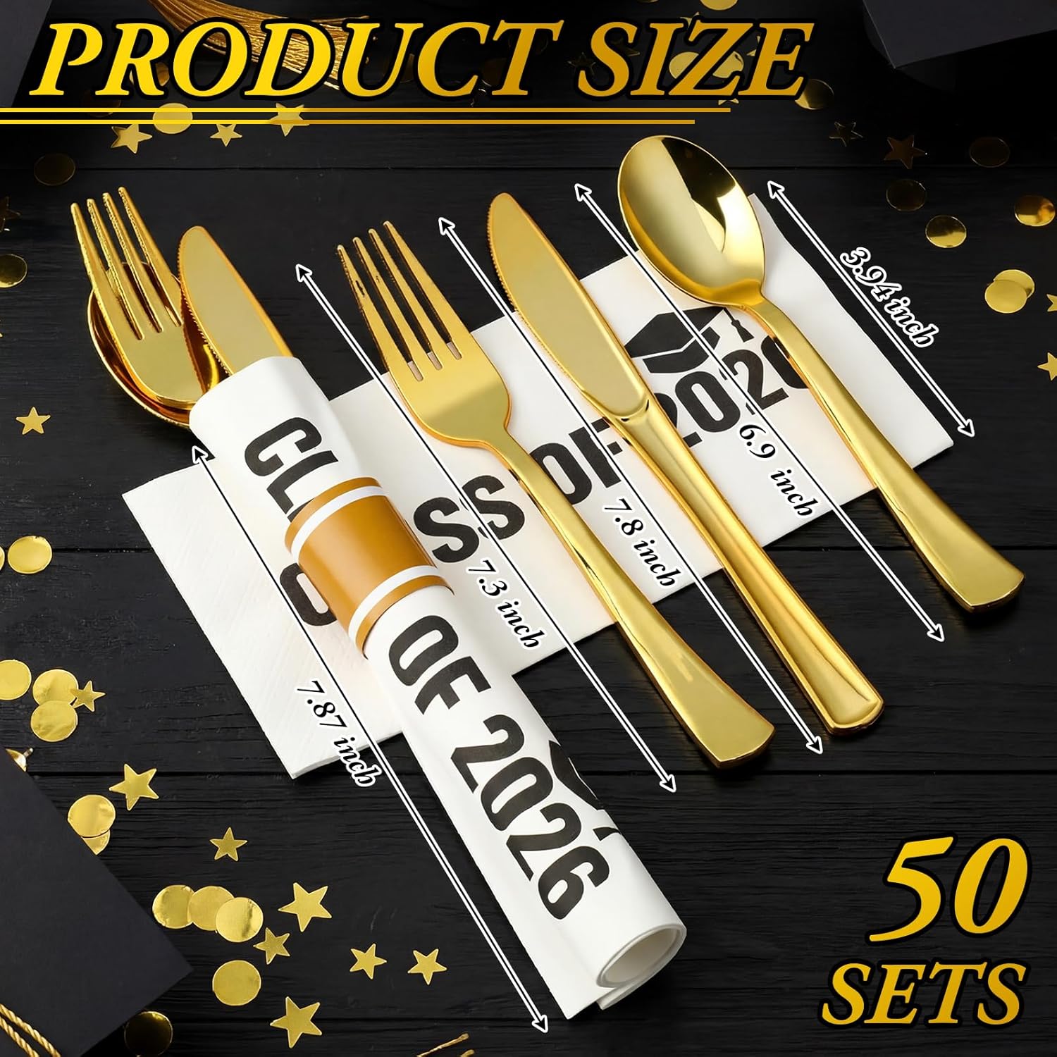 Gueevin 250 Pcs/50 Set Graduation Plastic Silverware Set Class of 2026 Graduation Party Supplies 50 Forks 50 Knives 50 Spoons 50 Napkins Gold Disposable Silverware for Congrats Grad Party