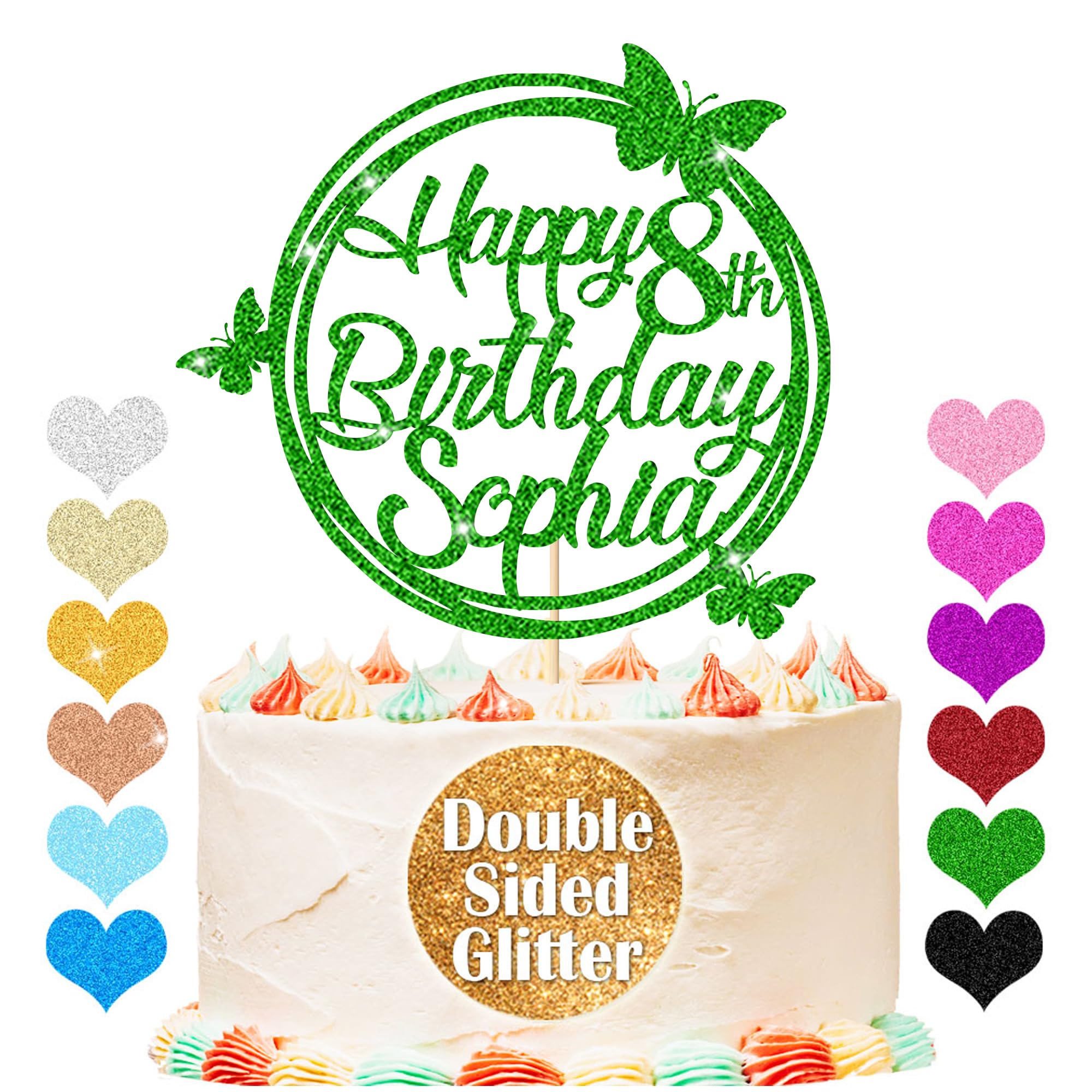 Personalised Happy Birthday Glitter Cake Topper, Custom Cake Topper Any Name & Age, Round Butterfly Cake Toppers, Birthday Party Cake Decorations for 18th 30th 40th 50th 60th 70th (Green)