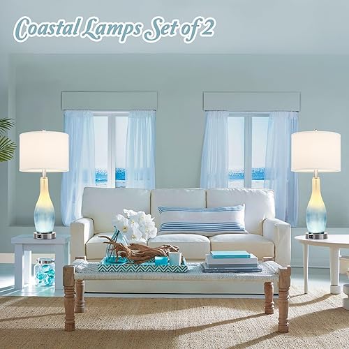 Vista 7 de BesLowe Juego de 2 lámparas de mesa de cristal de 26 pulgadas de alto con 2 puertos de carga USB y luz nocturna LED, lámparas de mesa costeras