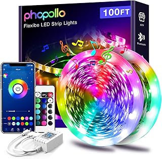 PHOPOLLO Bluetooth Led Strip Lights 100ft (2 Rolls of 50ft), 5050 RGB Color Changing LED Lights for Bedroom, Kitchen Decoration, App Control and Music Sync.