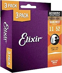 Elixir Cordas, cordas de guitarra acústica, bronze fósforo com revestimento NANOWEB, tom rico e completo de longa duração com sensação confortável, conjunto de 6 cordas, pacote com 3, luz