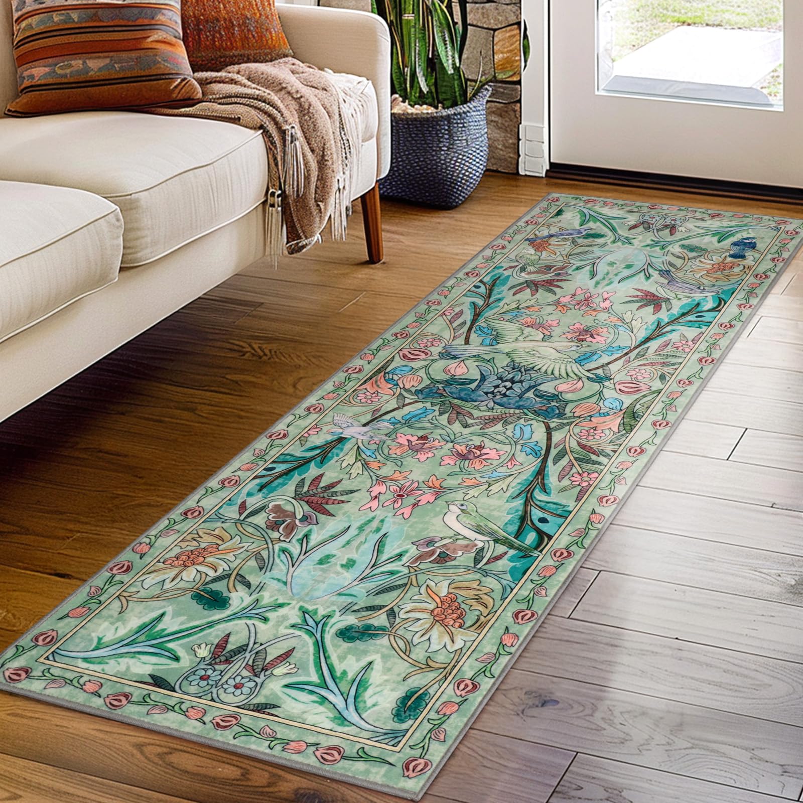 TUKDAK Hallway Runner Rugs Green 50×150cm, Birds Kitchen Carpet Runner with Non-Slip Rubber Backing, Washable Long Hall Carpet Floor Mat for Entryway Bedroom Laundry Living Room Non Shedding — image 1