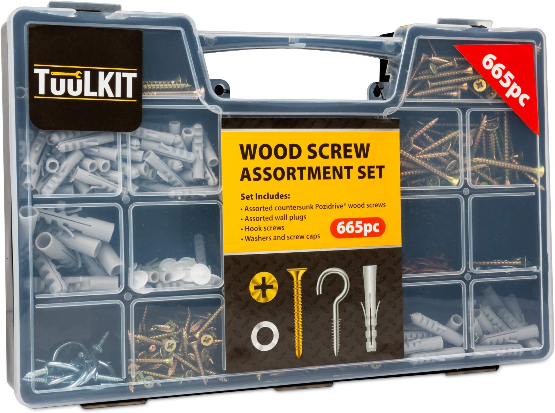 665pc Wood Screw Assortment Set - Pozidrive Screw Set Includes assorted Countersunk Wood Screws, Plastic Wall Plugs with Anti-rotating Fins, Stainless Steel Hook, Washers