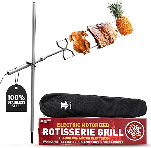 The Kanka Grill: parrilla de asador resistente para el hogar + portátil para exteriores, el motor eléctrico funciona con 110-240V o baterías, cocina