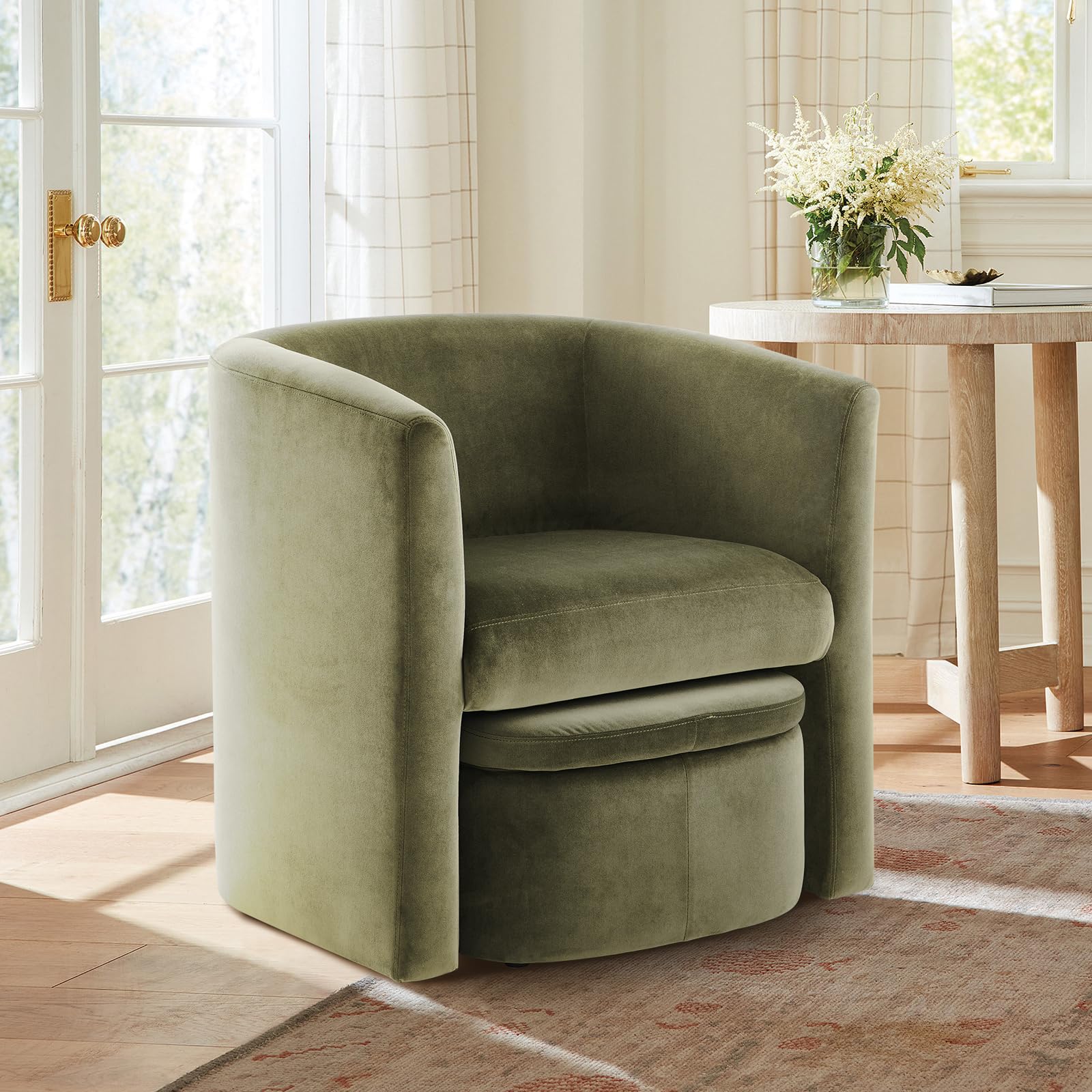 COLAMY Upholstered Velvet Barrel Accent Chair with Storage Ottoman, Morden Living Room Side Chair, Single Sofa Armchair with Lounge Seat for Bedroom/Office/Reading Spaces, Green incomplete
