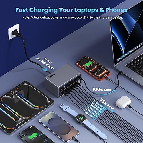 Miniatura 3 de Cargador USB C de 300 W, estación de acoplamiento GaN-V multipuertos de carga rápida USB-C, adaptador de carga PD de 100 W para laptop (plata, 300 W)