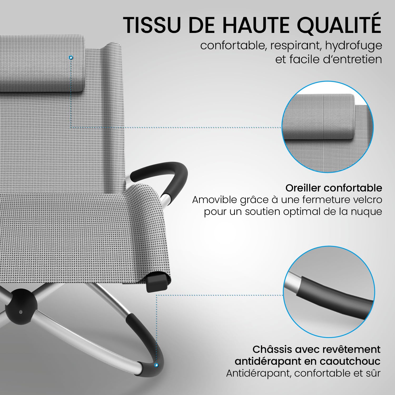 ELONEO Chaise Longue à Bascule Extérieure avec Pochette, Relax Fauteuil Jusqu’à 180 kg, Transat Bascule Jardin Résistant aux Intempéries, Bain de Soleil Balcon et Terrasse, à Carreaux Gris