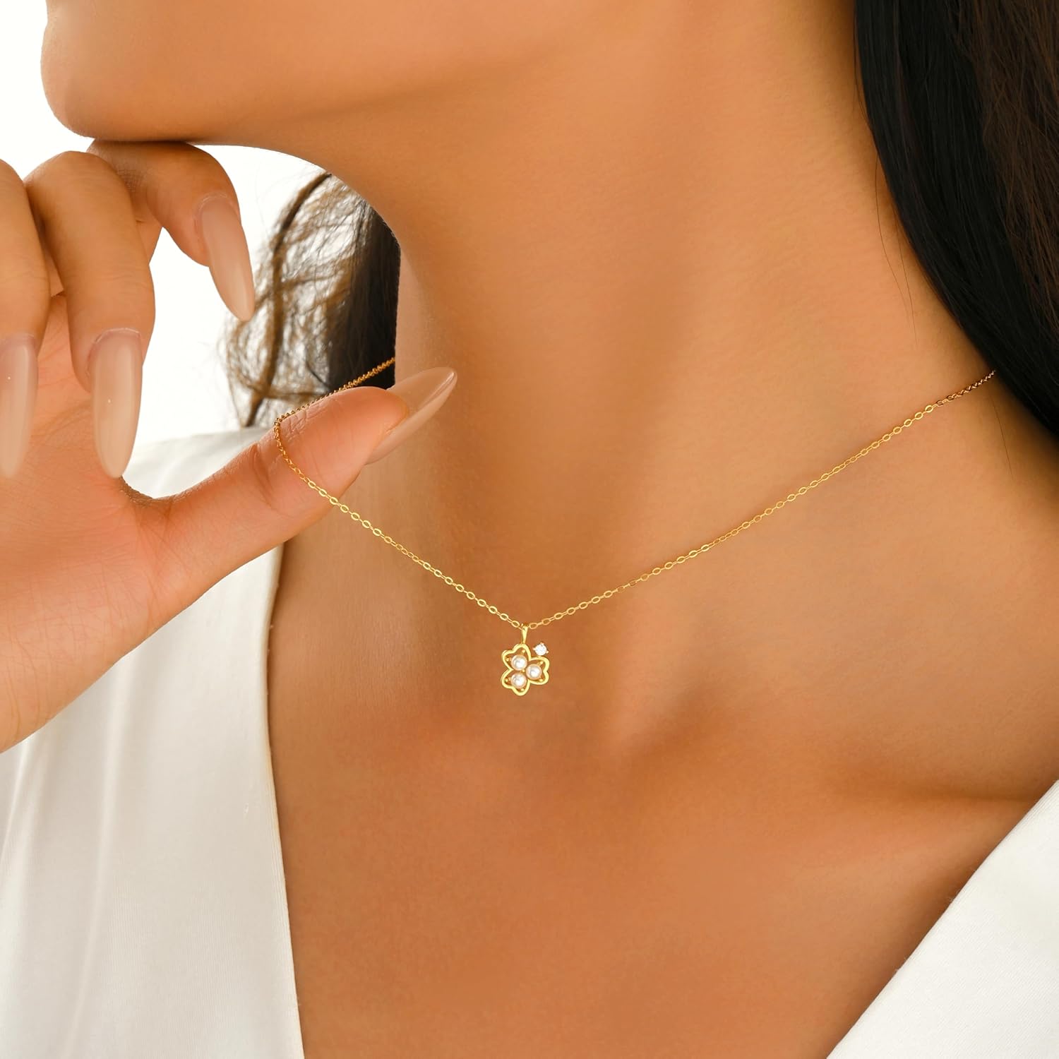 3MM Pearl Clover Pendant Necklace for Women,925 Sterling Silver Simulated Pearl Three-Leaf Flower Choker Necklace,14k Gold Plated Lucky Flower Pearl CZ Charm Jewelry to Mom Daughter Valentines Gifts