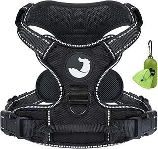 Joytale Harnais Chien, Réfléchissant Respirante Harnais Anti Traction pour Chien avec Attache Devant et Poignée Contrôle Sécurité pour Moyen, Noir, M