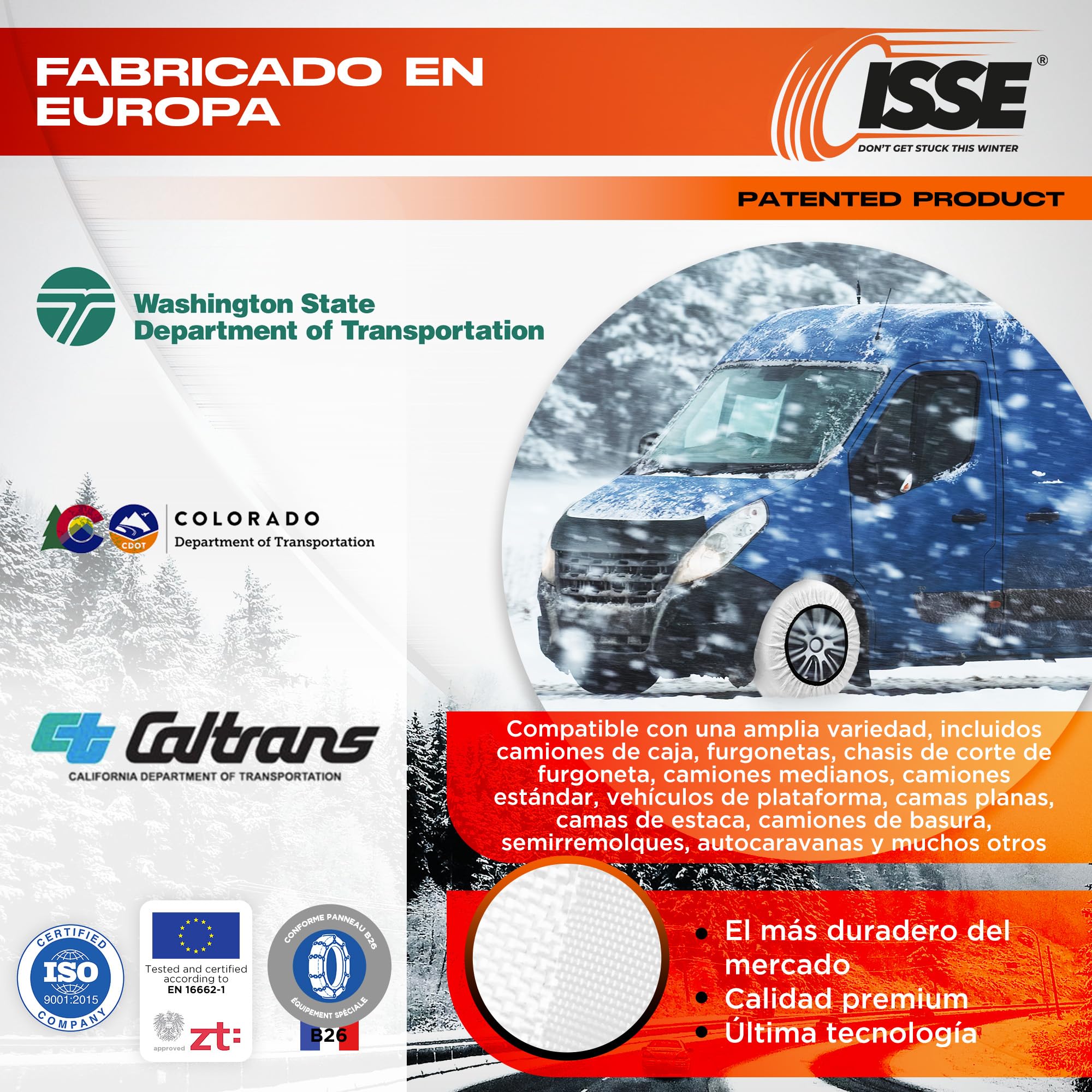 ISSE - Cadenas Camión Nieve |T-110| Homologación EN 16662-1 - Cadenas Nieve Téxtiles Fáciles de Instalar - Cadenas Nieve y Hielo Camión Antideslizantes y Resistentes - Kit de 2 Cadenas + guantes