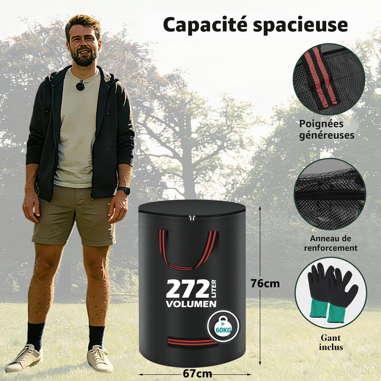 Lot de 3 sacs à déchets de jardin de 272 l - Solides - Avec couvercle - Double fond - Avec gant, sac de jardin - Grands, indéchirables et étanches - Pour déchets de jardin et municipalités