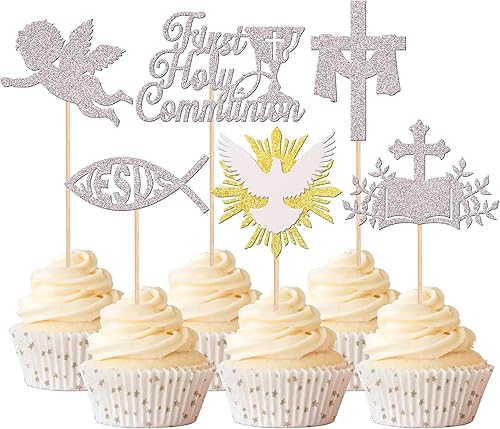 Rsstarxi Paquete de 24 adornos para magdalenas de la primera comunión con cruz, paloma, ángel, Dios bendiga, para cupcakes, bautismo, decoración de