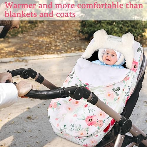 Miniatura 3 de Fundas de asiento de automóvil para bebés de invierno, funda de asiento de automóvil de flores para niñas, funda acogedora y cálida con cremallera,