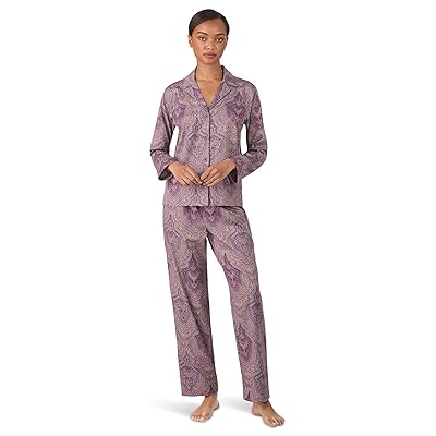Lauren Ralph Lauren Woven Sateen Long Sleeve Notch Collar Long Pants Pajama Set Women