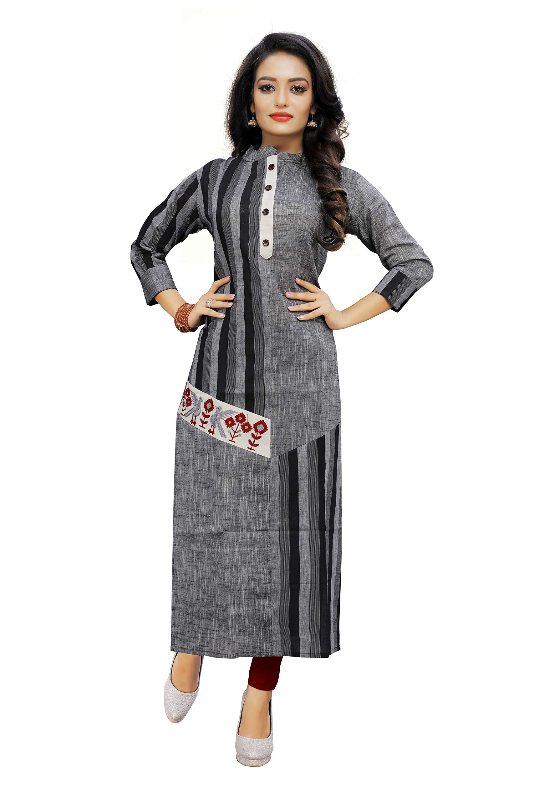 AJ CREATIONWomen's Black and Grey Cotton Kurta (A12) (Large)