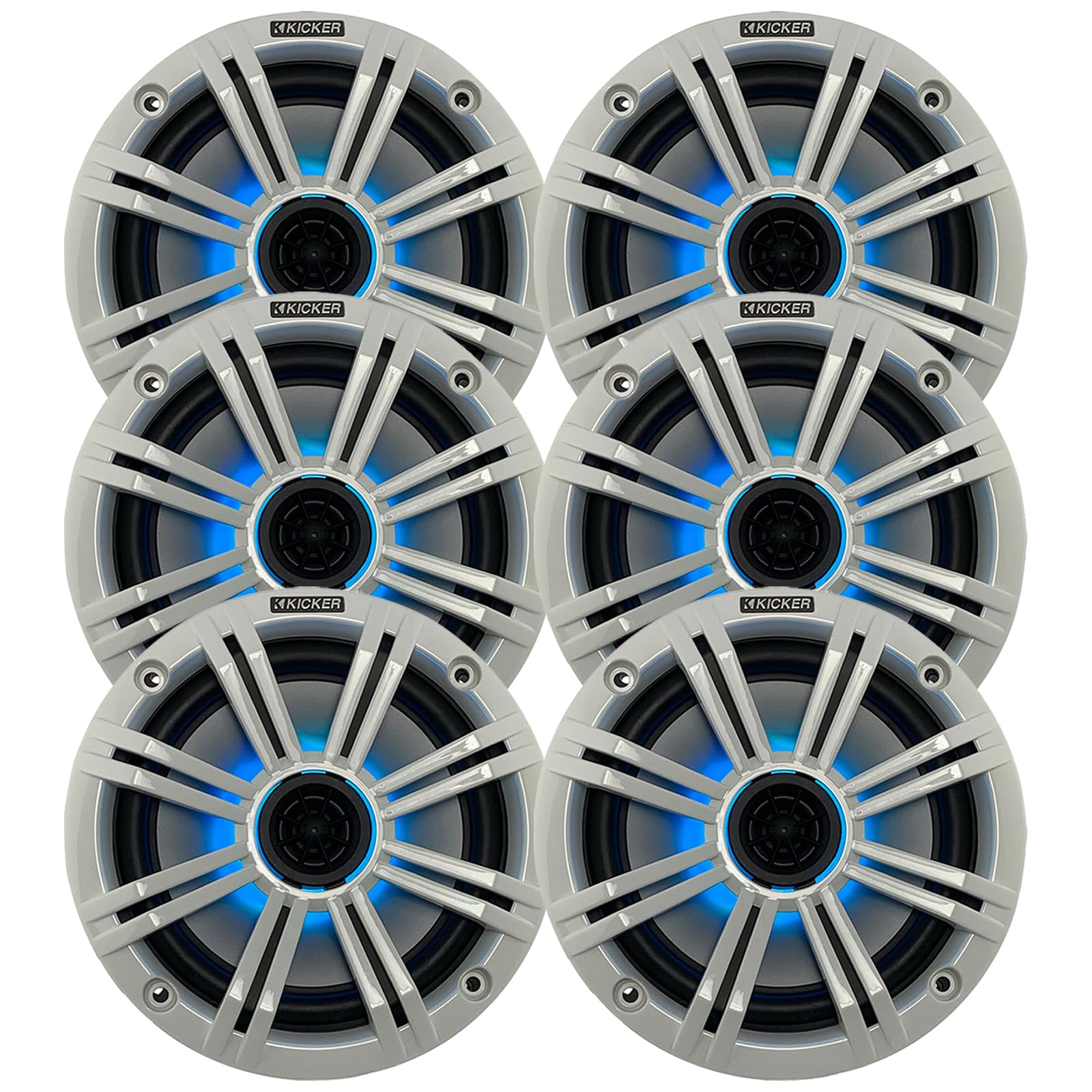 KICKER 6.5" 195 Watt Peak Power Marine OEM Replacement RGB Multicolor LED Boat Audio Speakers (Qty 6) with White Grilles