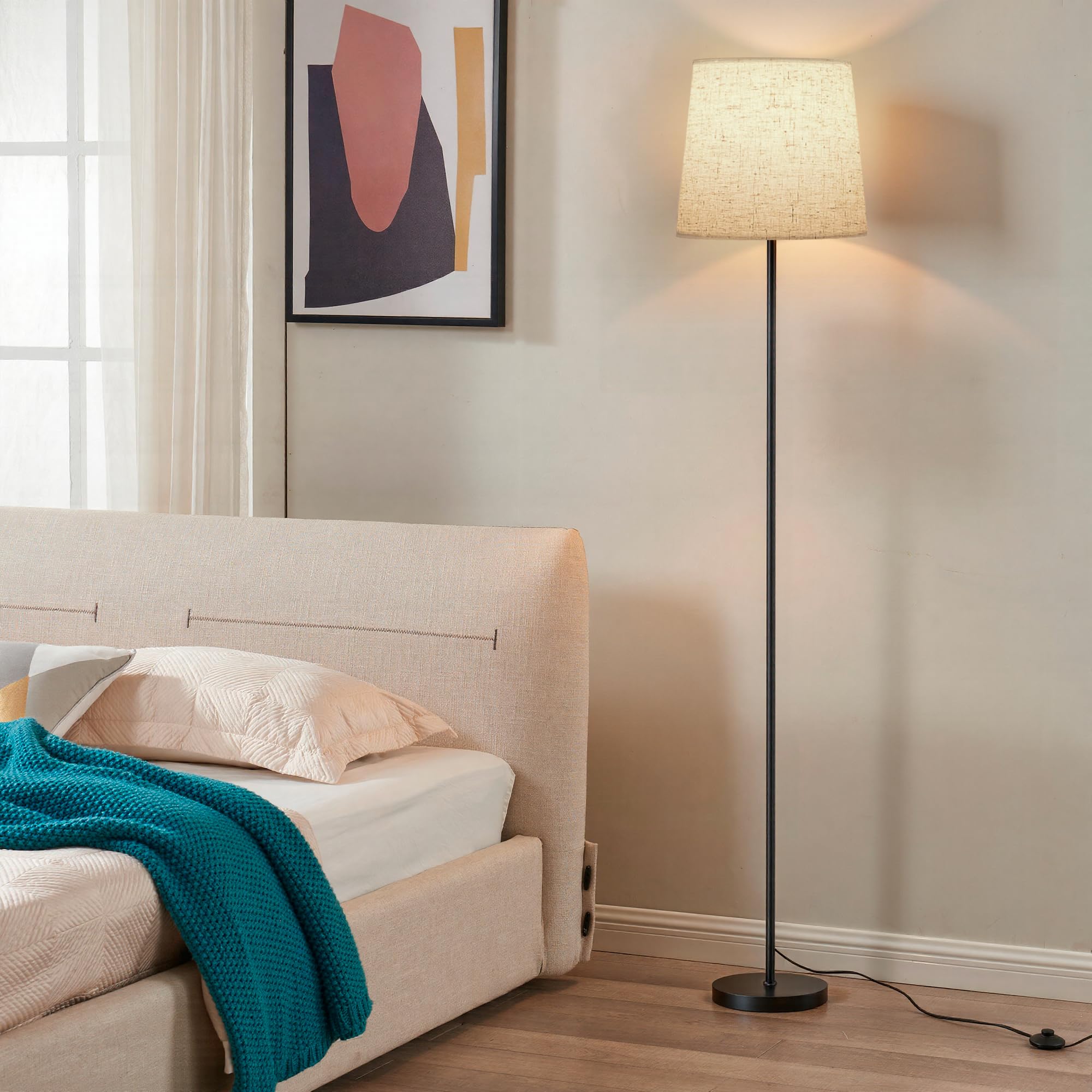 SIBRILLE Lampada da Terra Salotto, 9W con Telecomando e Interruttore a Pedale, 3000K-6000K Lampada da Lettura LED con E27 Lampadina, Lampade da Terra per Camera da Letto e Ufficio, Paralume in Lino