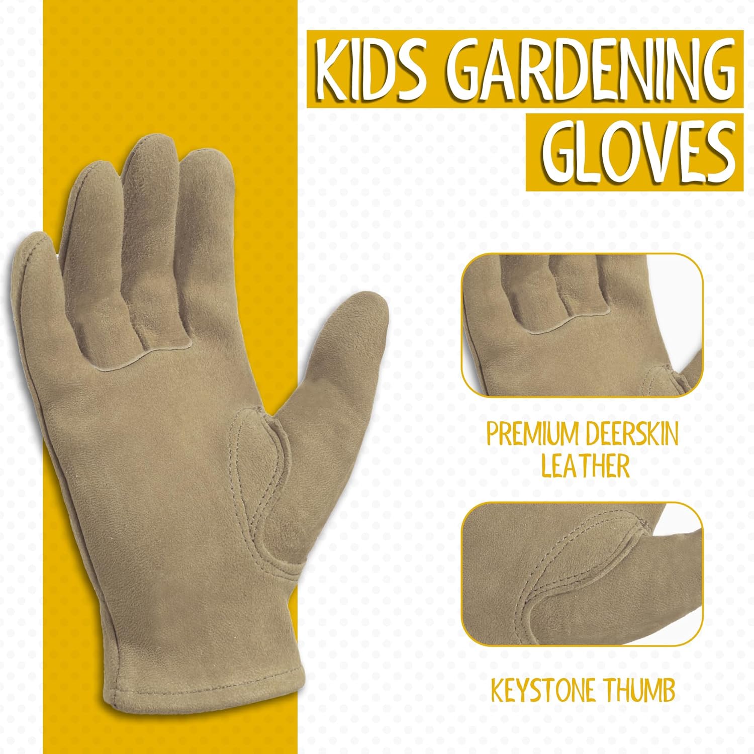 HANDLANDY Kids Genuine Leather Work Gloves for ages 3-11, Children Gardening Gloves for Boys, Girls (Medium (for age5-7), Khaki) - Image 2
