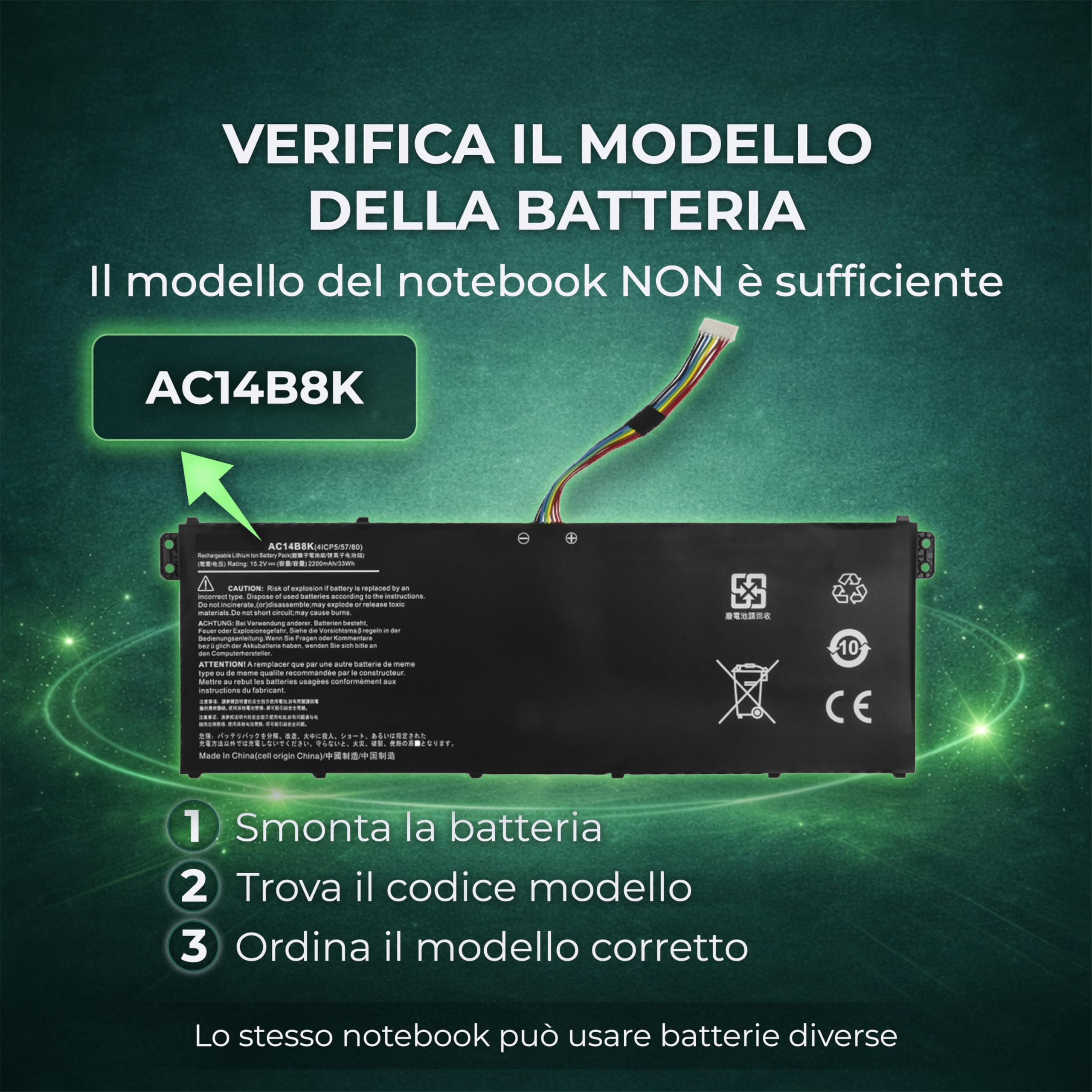Batteria per Notebook Compatibile con Acer AC14B8K (3600mAh, 15.2V 55Wh) per Spare Parts AC14B8K AC14B13K AC14B18K AC14B3K per Laptop Nitro 5 AN515-51 AN515-52 AN515-53 4ICP5/57/80