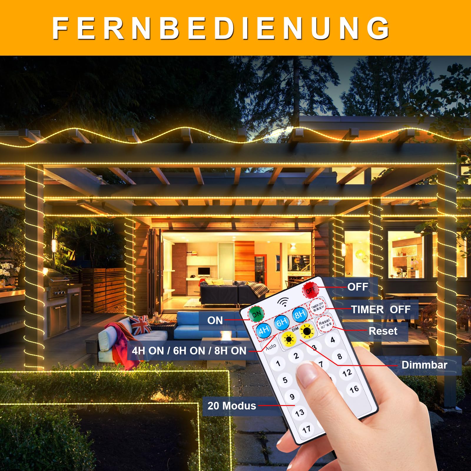 Tubo solar LED exterior (diámetro: 5,5 mm), 15 m, 600 ledes, luz blanca cálida, para exteriores, con función de carga USB y mando a distancia, para fiestas, jardín, balcón