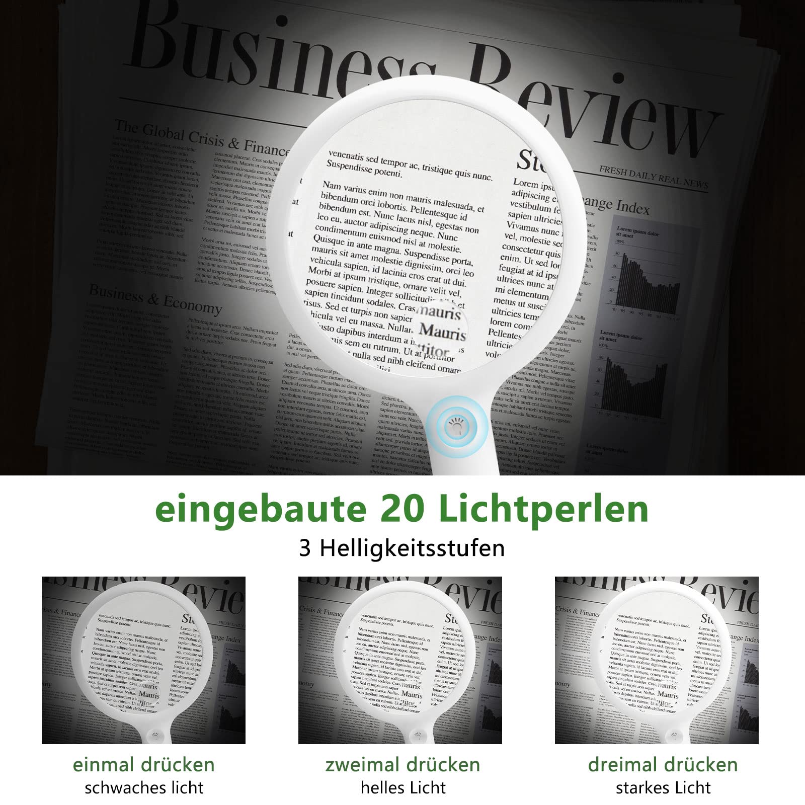 Lente Ingrandimento con Luce, Professionale Ricaricabile con 20 LED, 3 Modalità USB, per Lettura per Problemi Visivi(Bianco)