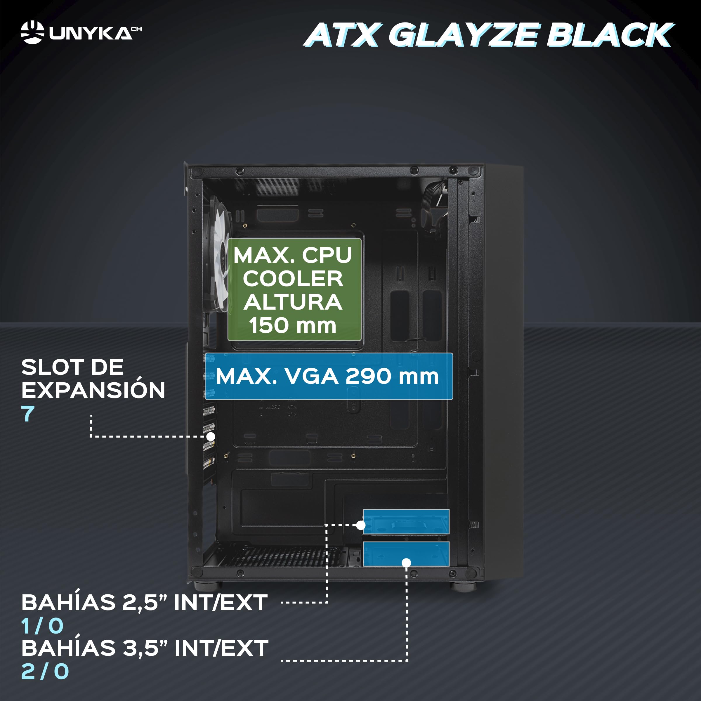 Unykach - Case Computer GamingATX Glayze Nero, frontale ARGB, pannello laterale in vetro temperato, 1 ventola RGB 120 mm, sistema di montaggio senza strumenti, 1 USB 3.0 e 2 USB 2.0