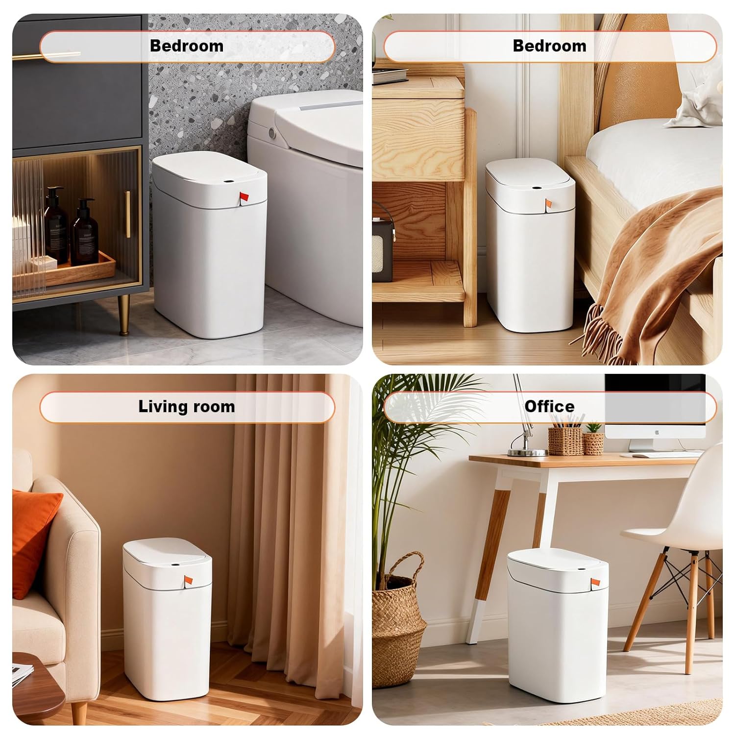 MOPUP Bathroom Trash Can, Automatic Bagging Garbage Can, 3.5 Gallon Slim Smart Small Plastic Trash Bin, Narrow Motion Sensor Trash Can for Bedroom, Office White