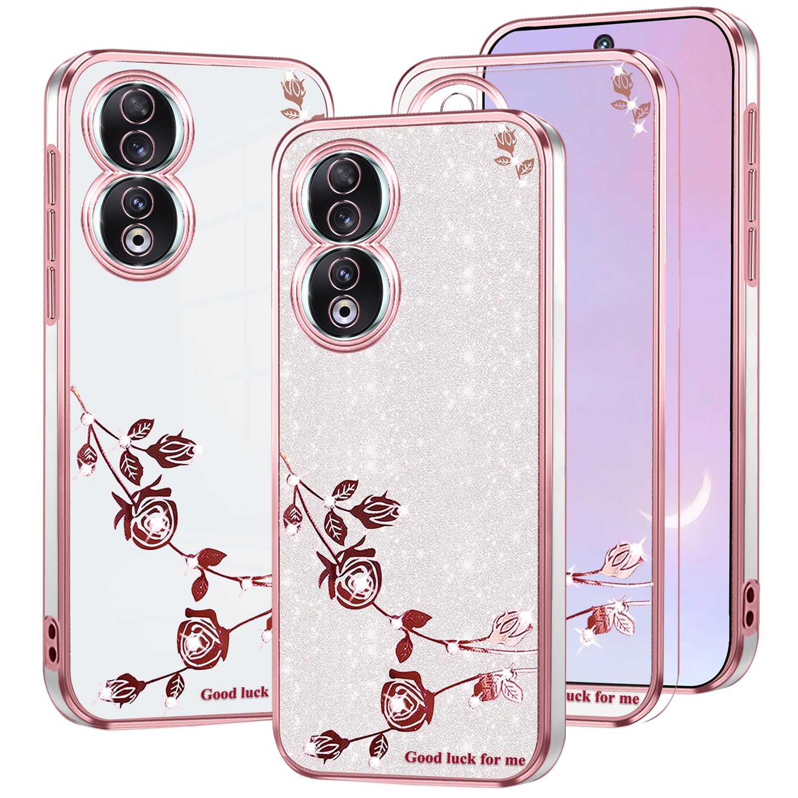 Yarxiawin Brillantini Custodia Per Honor 90 5g, Effetto Glitter Per Honor 90 Cover Trasparente Silicone Fiore Antiurto Rosa Case Morbido Sottile