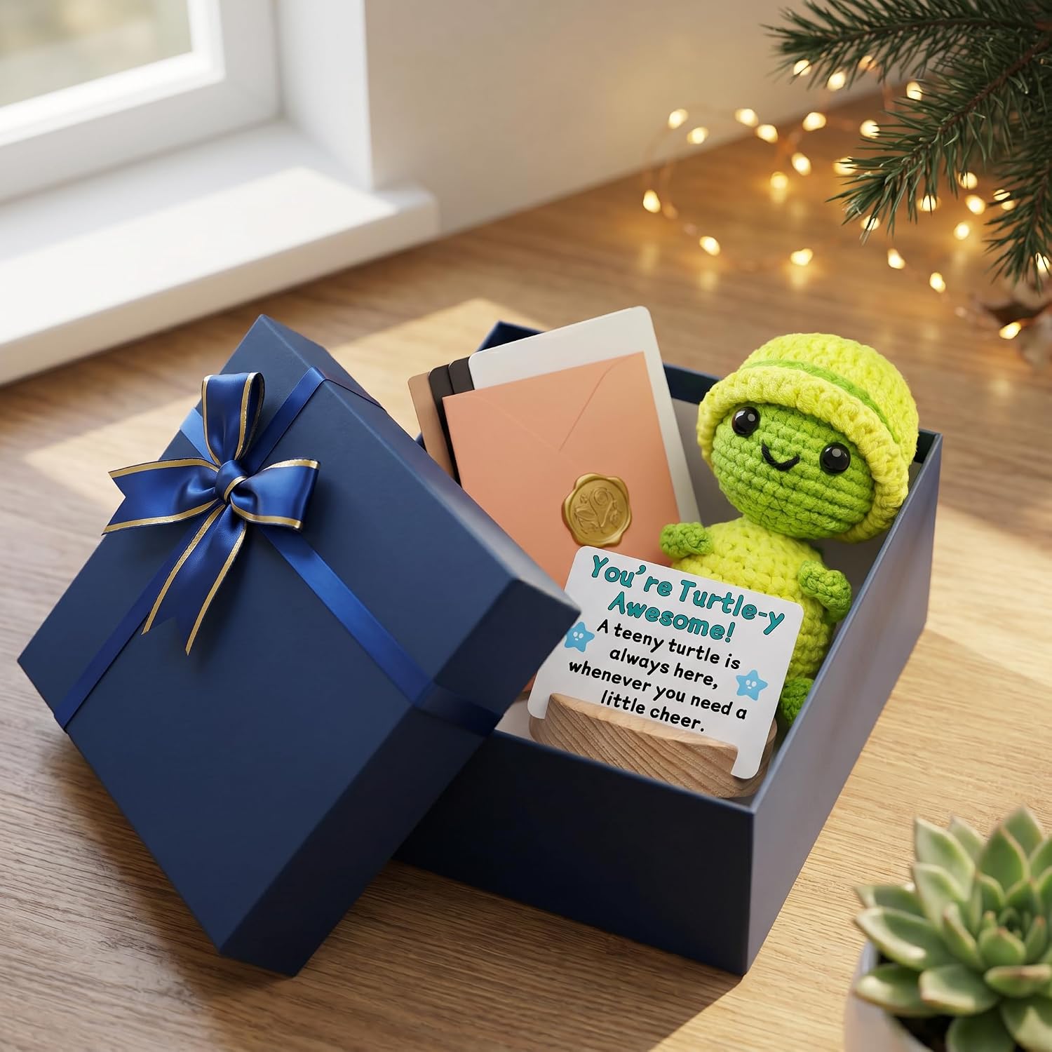Stands Steady Crochet Turtle Featuring 51 Replaceable Cards & Solid Wood Base | Cute Positive Desk Decor Gift Box for Friends, Teachers & Loved Ones Boyfriend Husband image 5