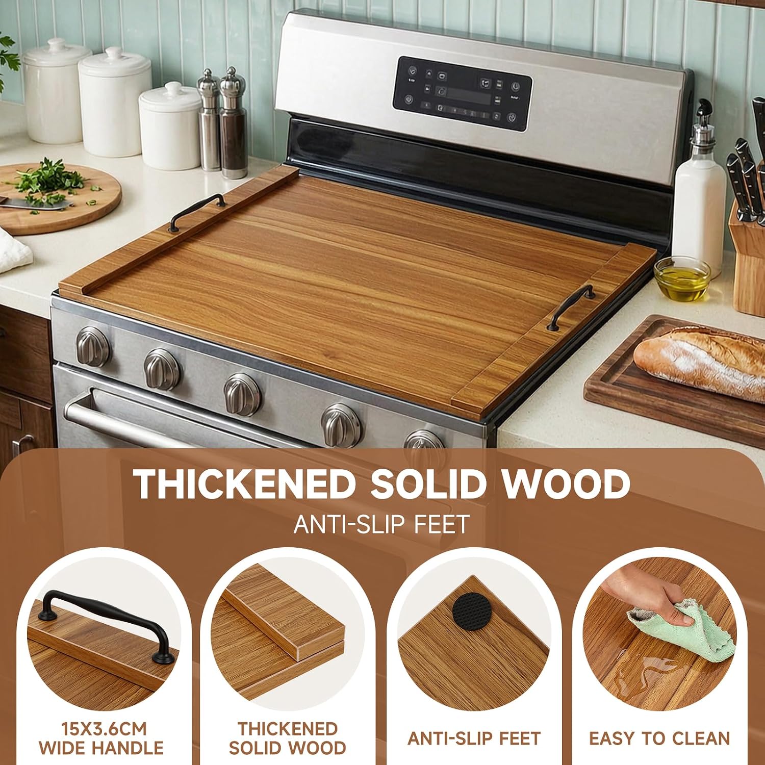 Noodle Board Stove Cover with Handles, Wood Stove Top Covers for Electric Stove, Gas Stove Top