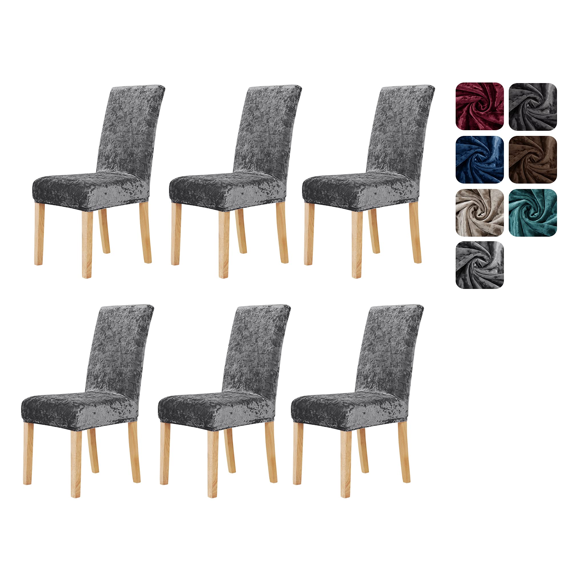 Deconovo Velvet Chair Covers for Dining Chairs 6 Pcs, Stretch Removable Dining Chair Protector, Spandex Fabric Slipcovers for Hotel, Wedding, Home, Grey
