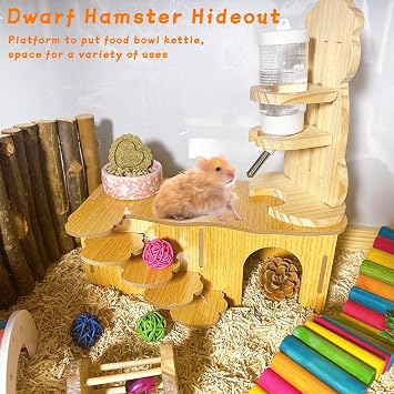 Hamiledyi Hamster Hideout with Ladder Dwarf Hamster Wooden Maze Tunnel Platform Multi Chamber Exploring Toy Habitat Decor for Gerbil Syrian Mouse Brown