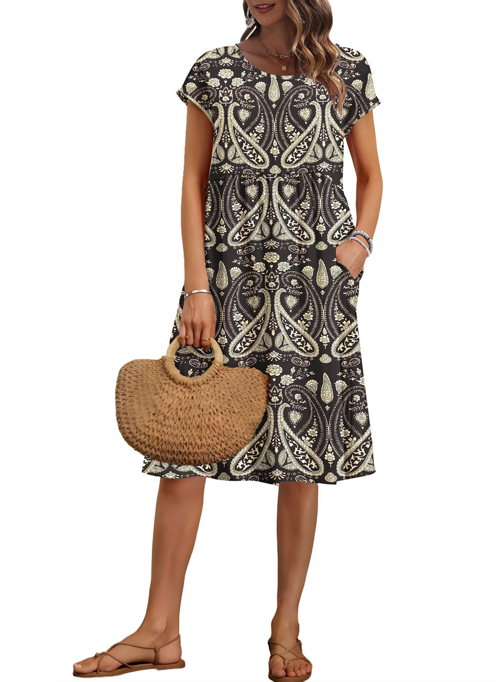 AUSELILY Vestito Estivo da Donna a Maniche Corte Abiti Casual Larghi Abito al Ginocchio con Scollo a Girocollo e Tasche