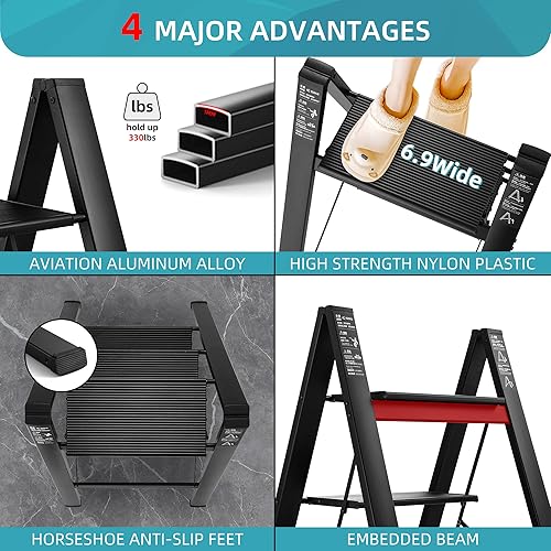 Miniatura 5 de Flygeneral Escalera de 3 escalones, taburete plegable de aluminio negro, peldaños antideslizantes mejorados más anchos, escalera ligera portátil