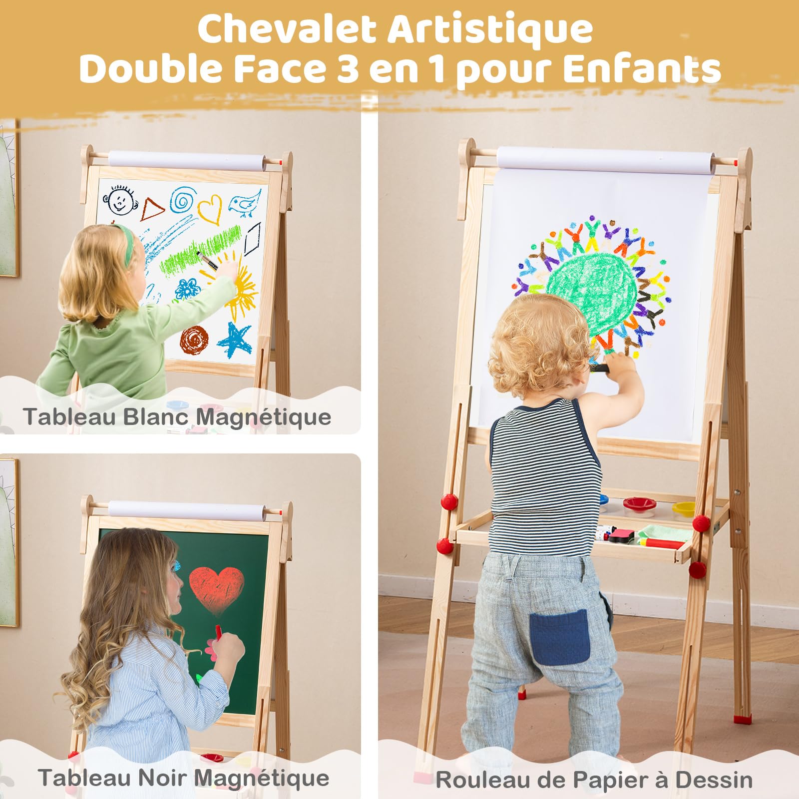 COSTWAY 3 en 1 Tableau Enfant Double Face avec Rouleau de Papier & Tableau Noir/Blanc, Chevalet Enfant Pliable avec Étagère & Hauteur Réglable, 27 Accessoires pour 3-14 Ans (‎59,5x65x147cm)