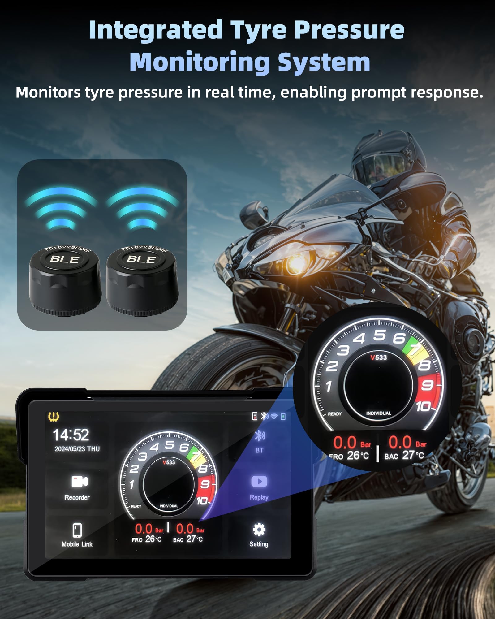 Jansite Carplay Moto Android Auto con TPMS, 7" GPS Moto Navegador Pantalla Táctil Resistente al Agua IP67 Bluetooth Siri y Asistente de Google - 3
