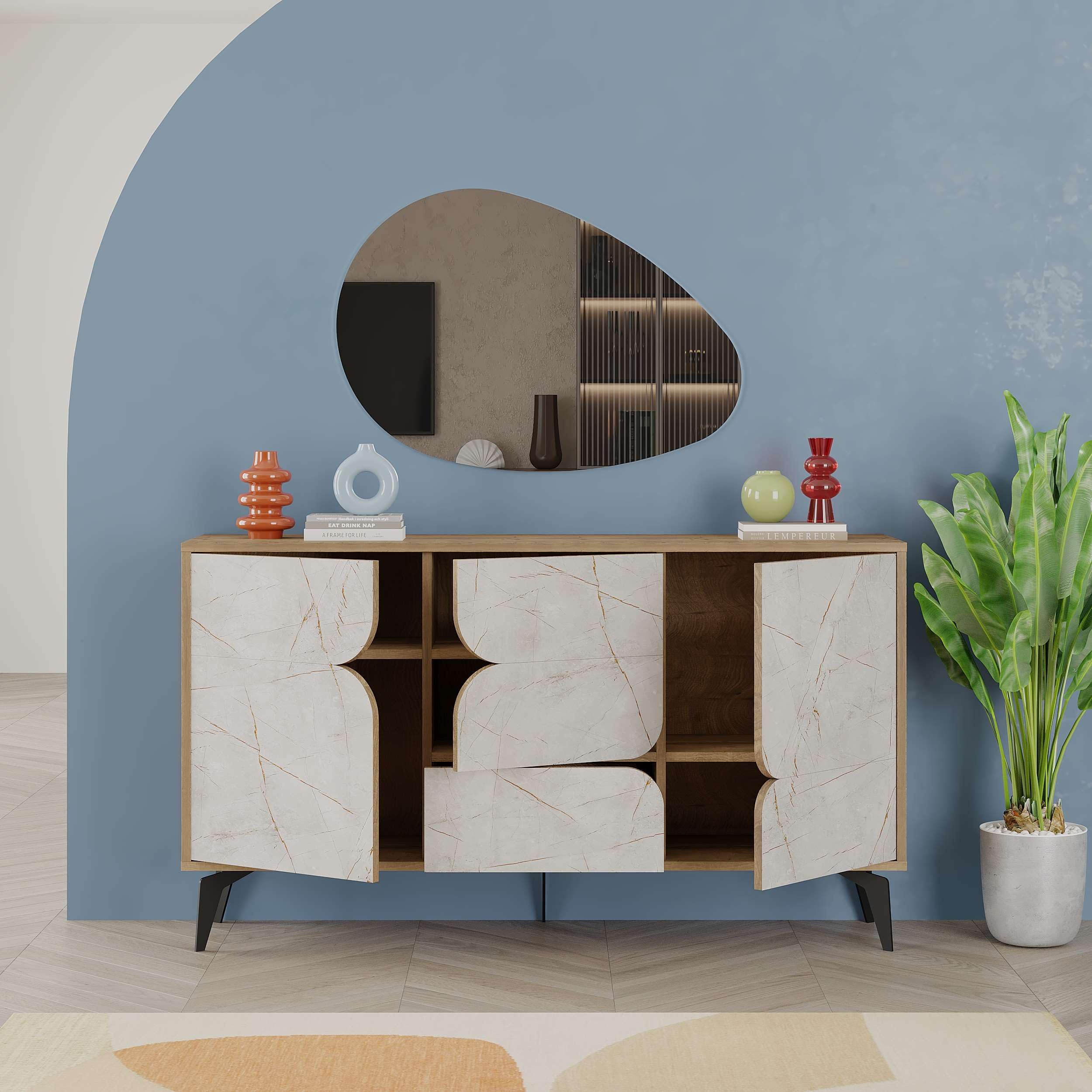 Totò Piccinni Madia Credenza STELLAR in Legno con tre ante e un cassetto (Rovere Antico/Effetto Marmo Bianco)
