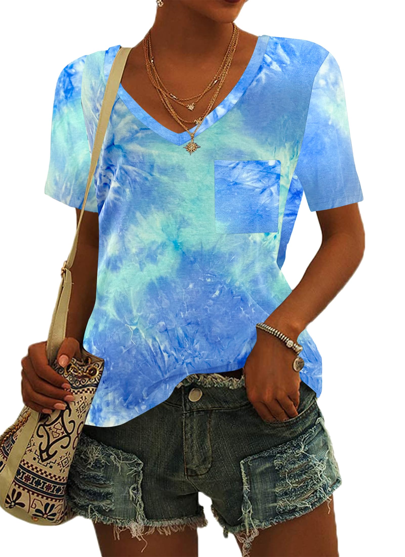 MOLERANI Damen T-Shirts Kurzarm V-Ausschnitt Lose Sommer T-Shirts Basic Tunika Tops mit Tasche