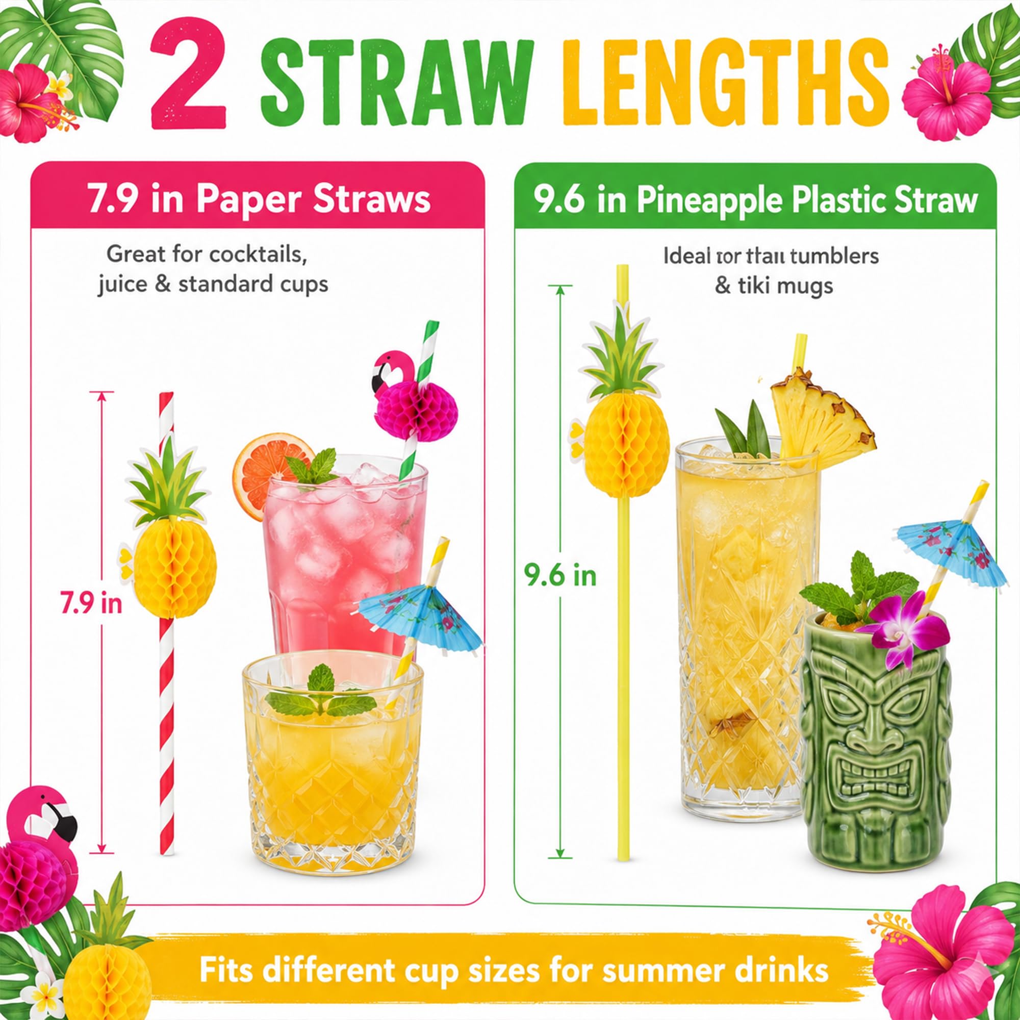 Haundry 100 pajitas de cóctel Luau para fiesta, paraguas de bebida, pajillas de papel de frutas y flamencos para decoración de fiesta hawaiana de verano tropical