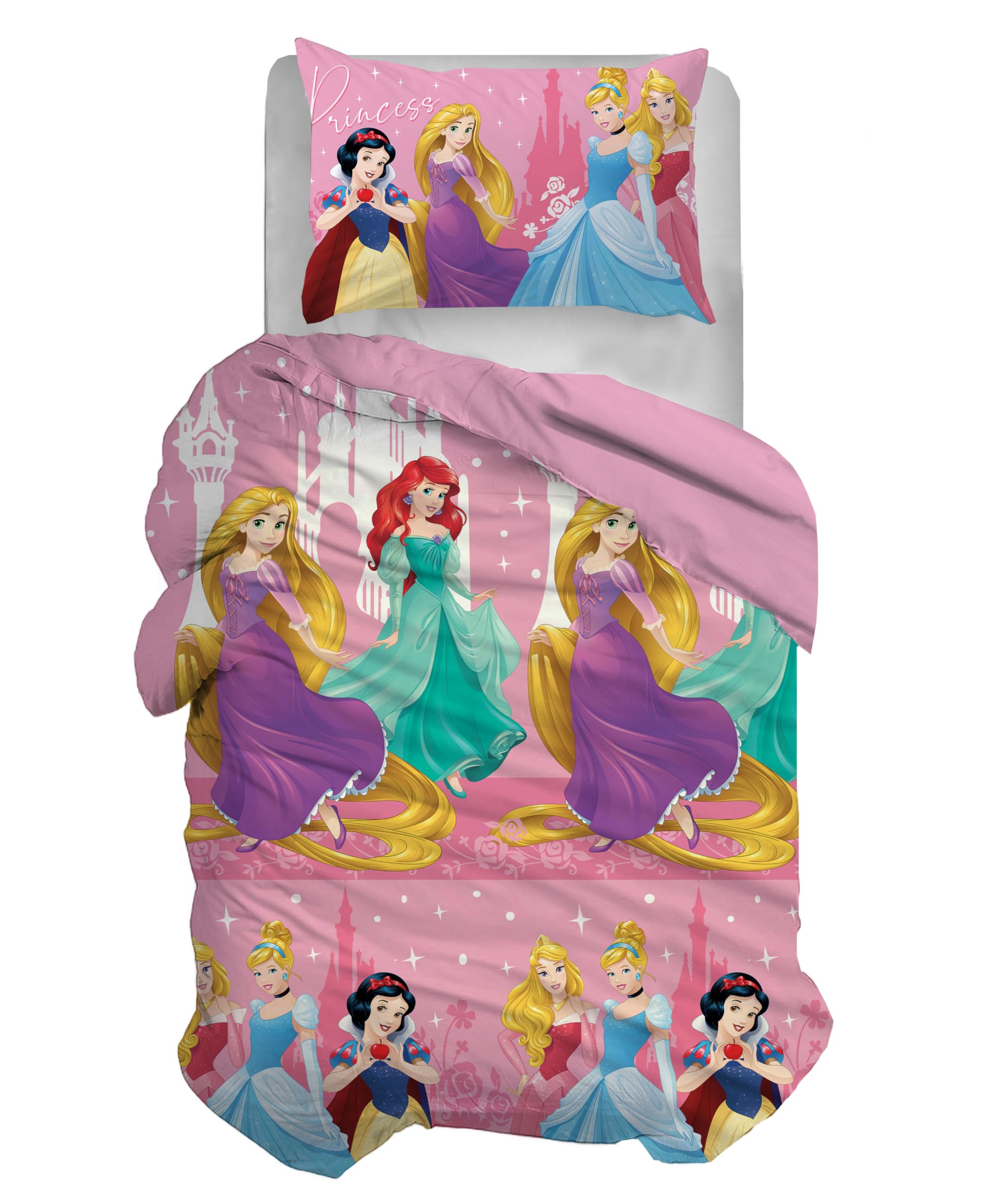 Disney Single Bed Duvet Cover Set, Duvet Cover + Pillowcase, Duvet Cover Set with Pillowcase, 155 x 200 cm, 100% Cotton, Princesses, (No Fitted Sheet)