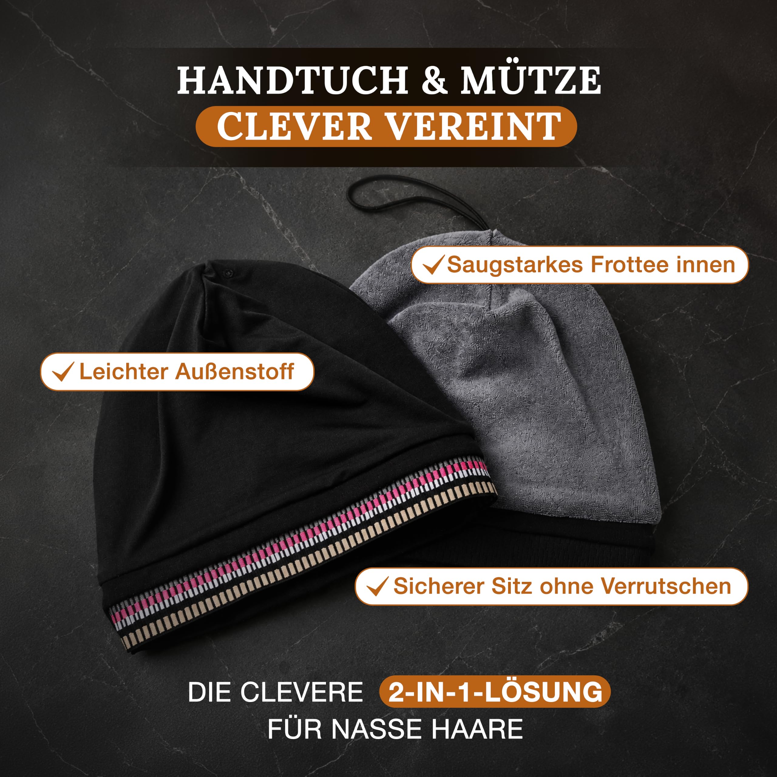 Handtuchmütze – Handtuch & Mütze in einem – Turban für nasse Haare – schnelltrocknend, saugstark – Damen – Wellness, Sauna, Fitness, Strand – One Size schwarz
