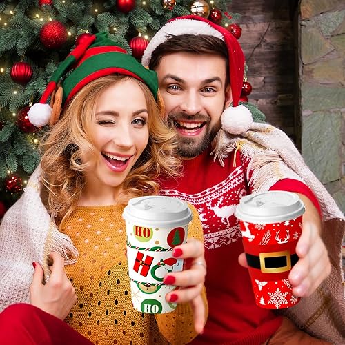 Miniatura 4 de Juego de 200 tazas de papel desechables de Navidad de 16 onzas con tapas, taza de café, fundas corrugadas, tazas de café aisladas de papel,