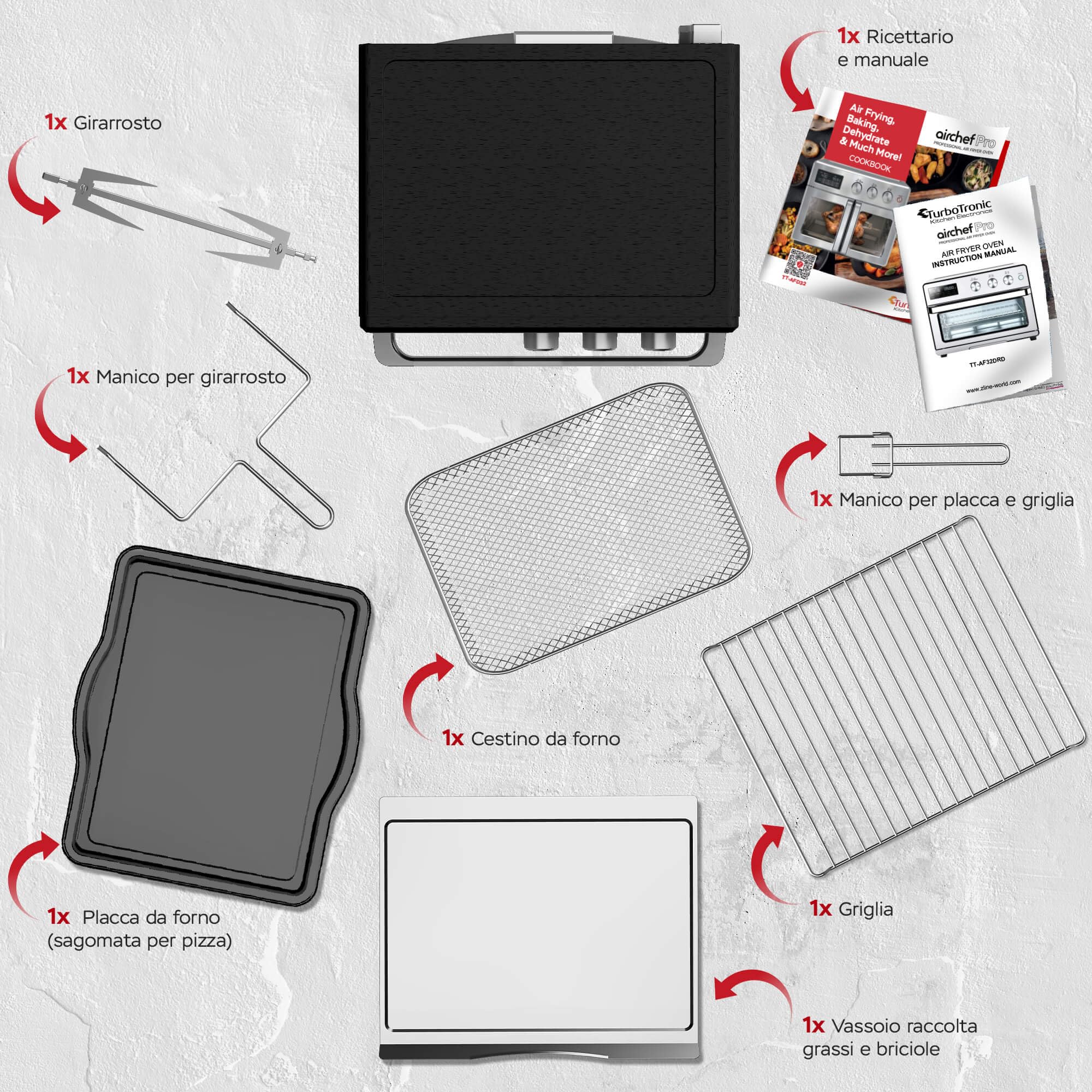 TurboTronic Forno ad Aria Calda XXL 32L con Girarrosto | 5 in 1 Mini Forno, Friggitrice ad Aria, Essiccatore, Grill e Forno Ventilato | 1700W | Ideale per Pollo, Pizza e Snack | Temperatura da 25°C