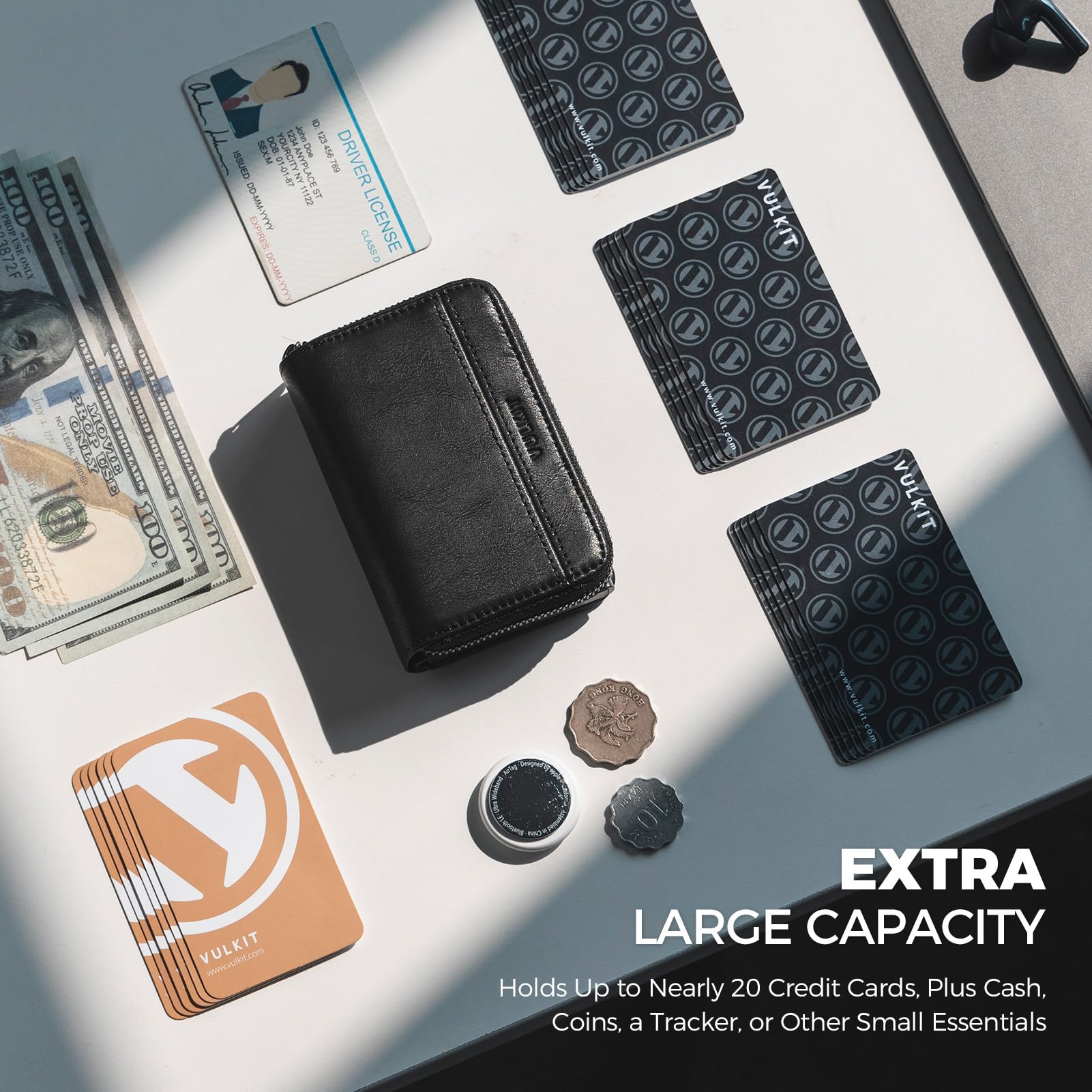 VULKIT Portafoglio da uomo con porta carte di grande capacità, blocco RFID, in metallo, può contenere oltre 15 carte, slot per banconote, finestra d'identità, tasca portamonete con cerniera, Nero