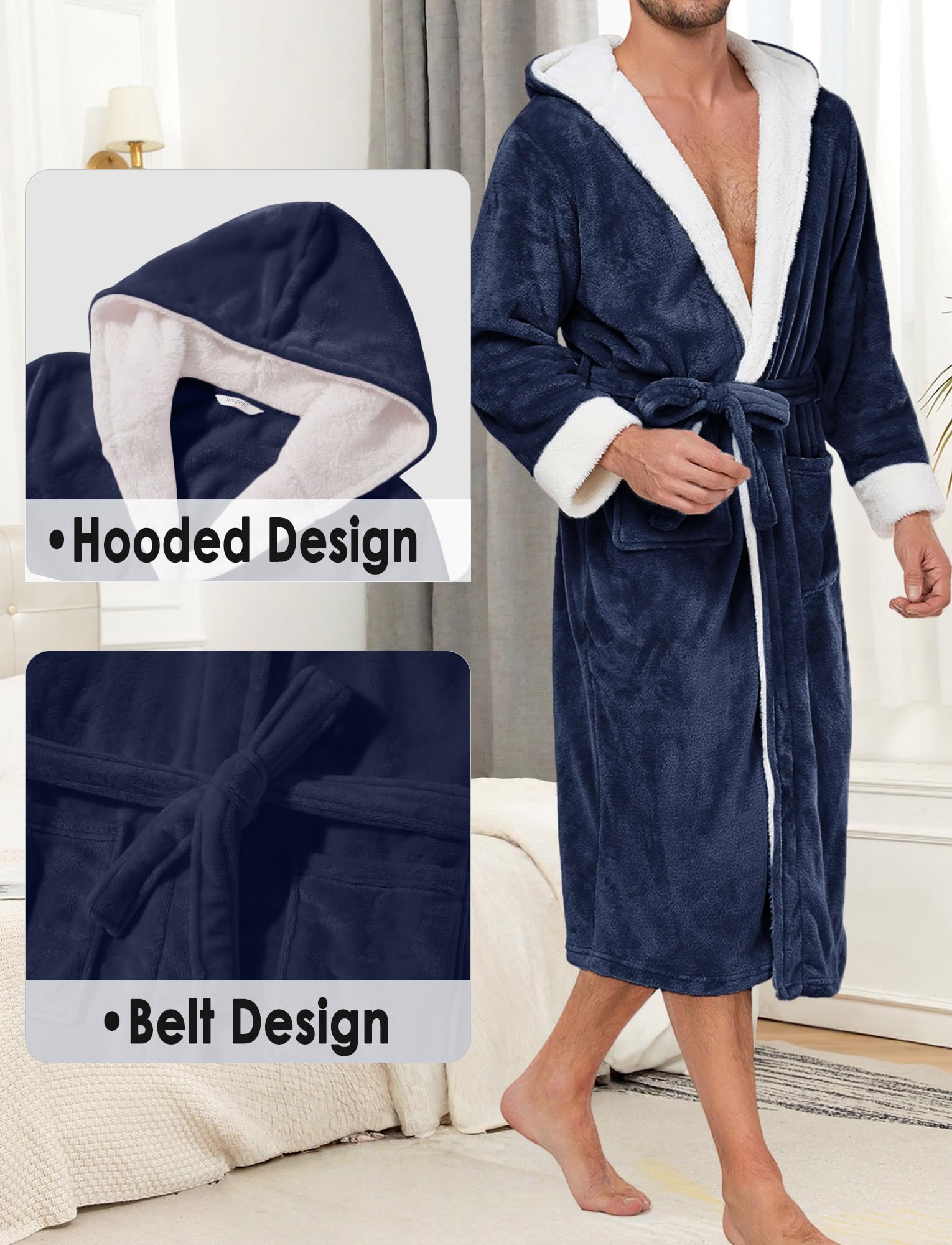 Peignoir de Bain avec Capuche Homme Robe de Nuit Longue Flanelle Épais Chaud Casual Maison Bathrobe