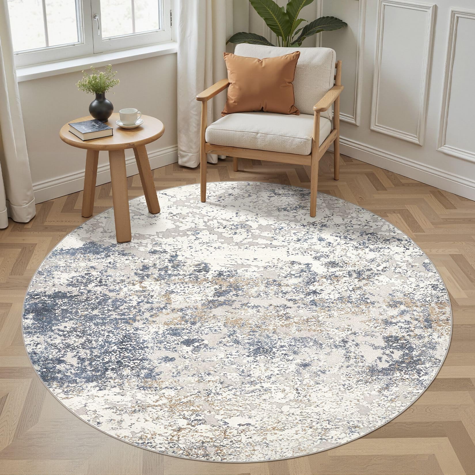 DMOYEST Wohnzimmer Teppich Rund 160cm: Modern Waschbar Kurzflor Anti-Rutsch Rückseite Weich Runder - Beige Blau Teppiche für Schlafzimmer Esszimmer