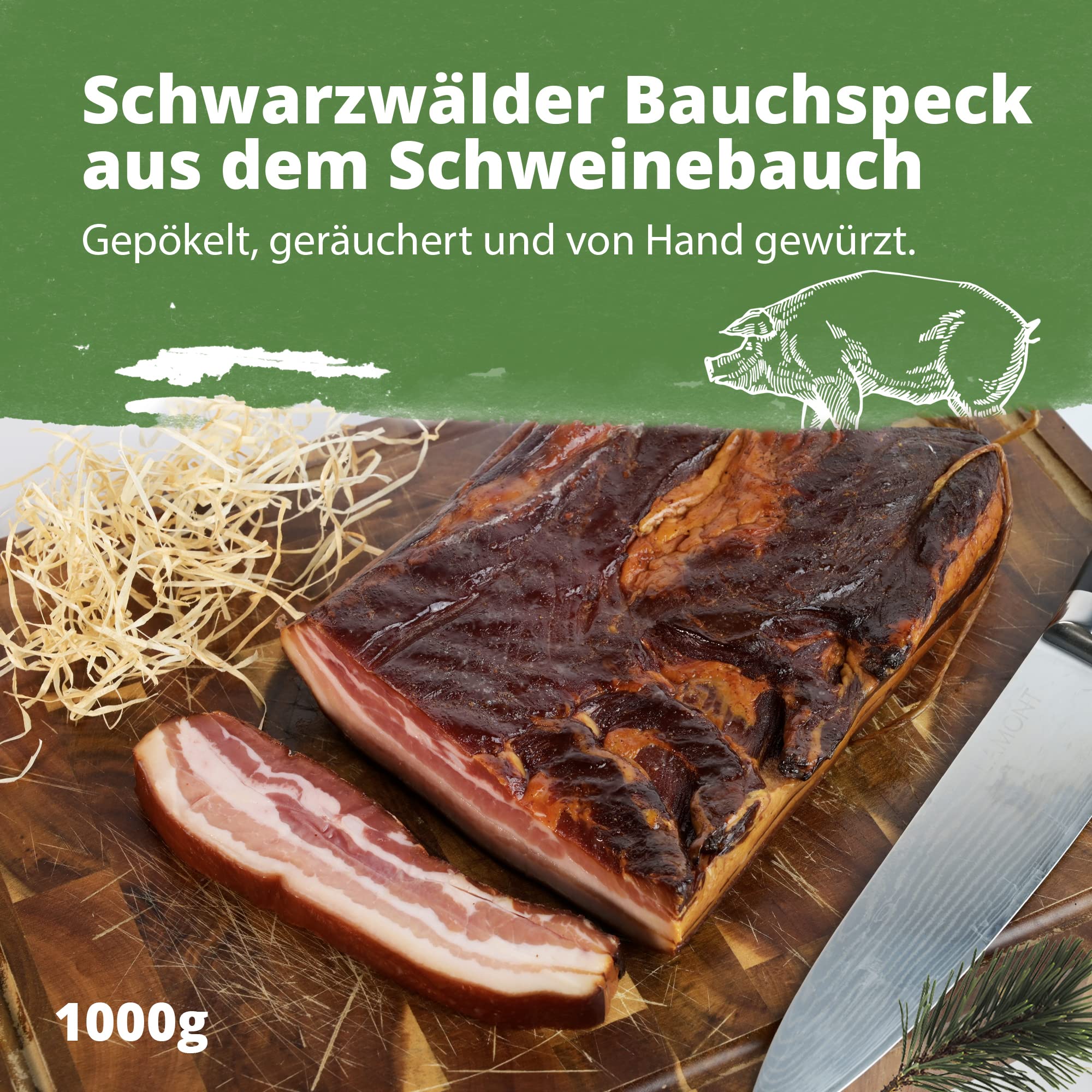 Schwarzwald Metzgerei – Schwarzwälder Bauchspeck am Stück mit herzhaft rauchigem Aroma – 1000g Speck vom Bauch für Salate, Rührei, grüne Bohnen, Carbonara u.v.m.